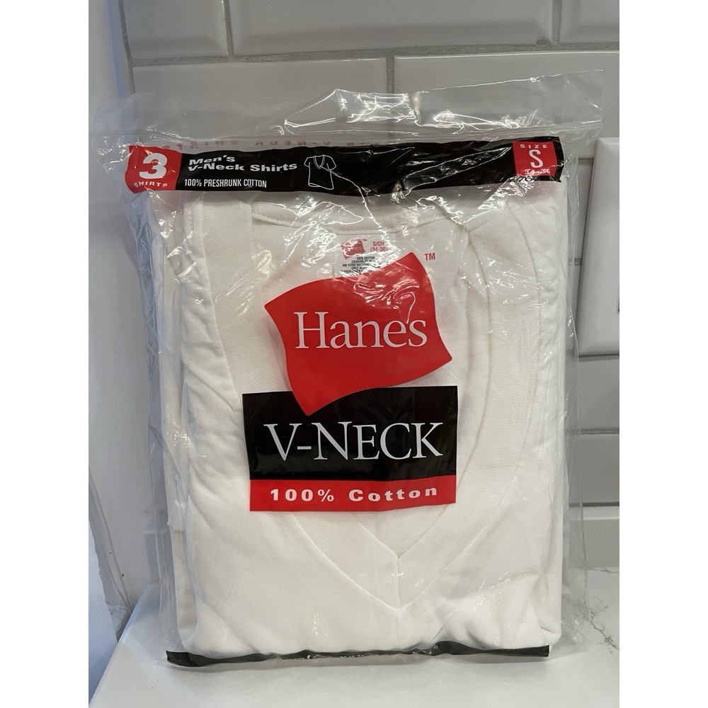 Vintage Hanes V-neck T-Shirts Men Small 100% Cotton White 3 Pack 2000 New